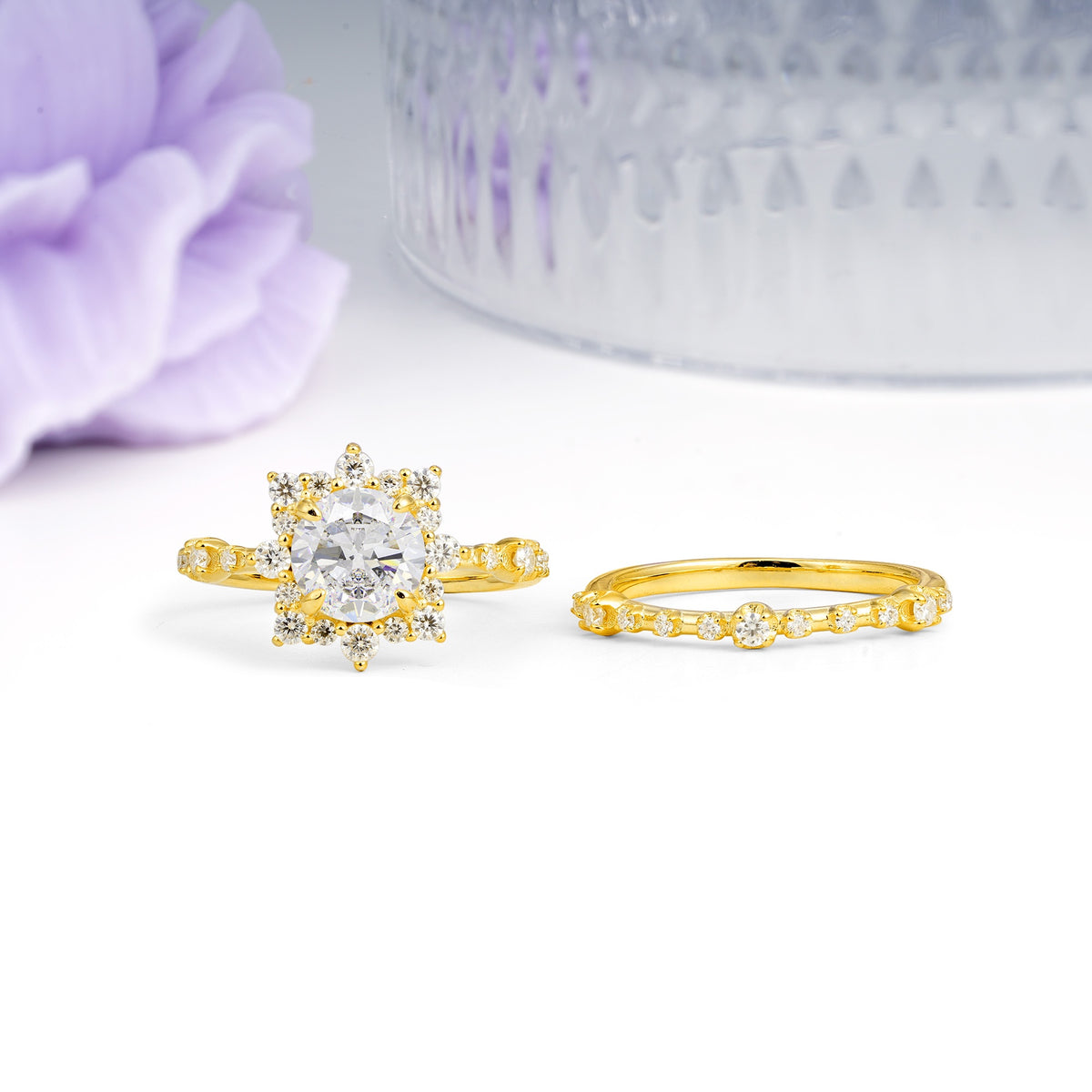 Rainbow Flash Floral Halo Twisted Arm Mini Accent Round Cut Moissanite Bridal Ring Set - Additional view