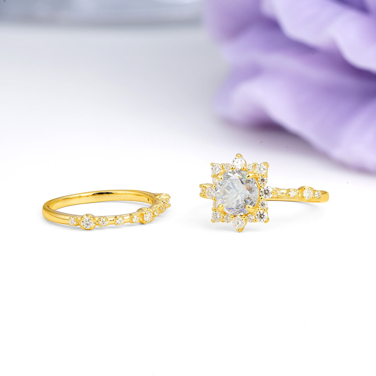 Rainbow Flash Floral Halo Twisted Arm Mini Accent Round Cut Moissanite Bridal Ring Set - Additional view