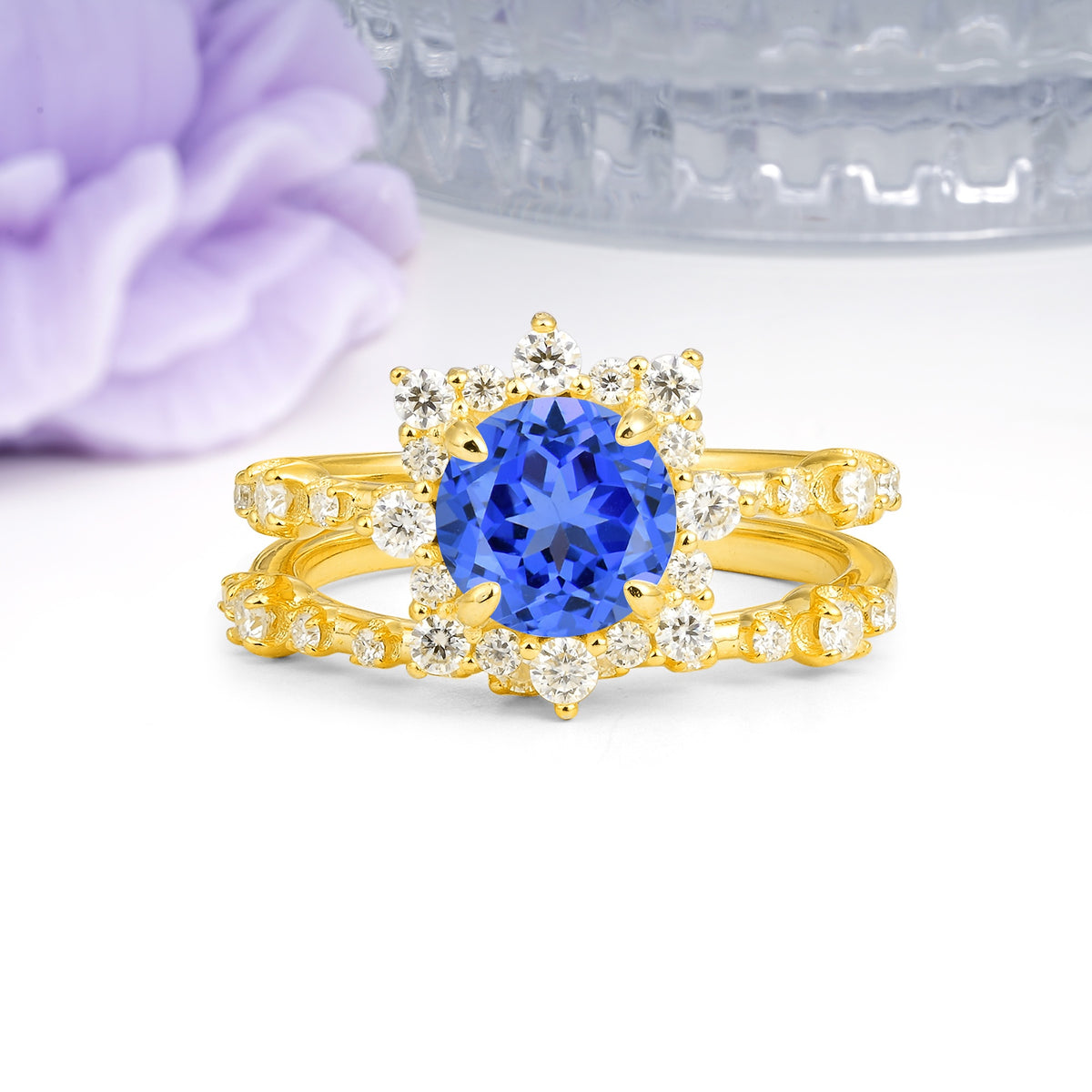 Rainbow Flash Floral Halo Twisted Arm Mini Accent Round Cut Sapphire Bridal Ring Set - Additional view