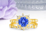 Rainbow Flash Floral Halo Twisted Arm Mini Accent Round Cut Sapphire Bridal Ring Set - Additional view