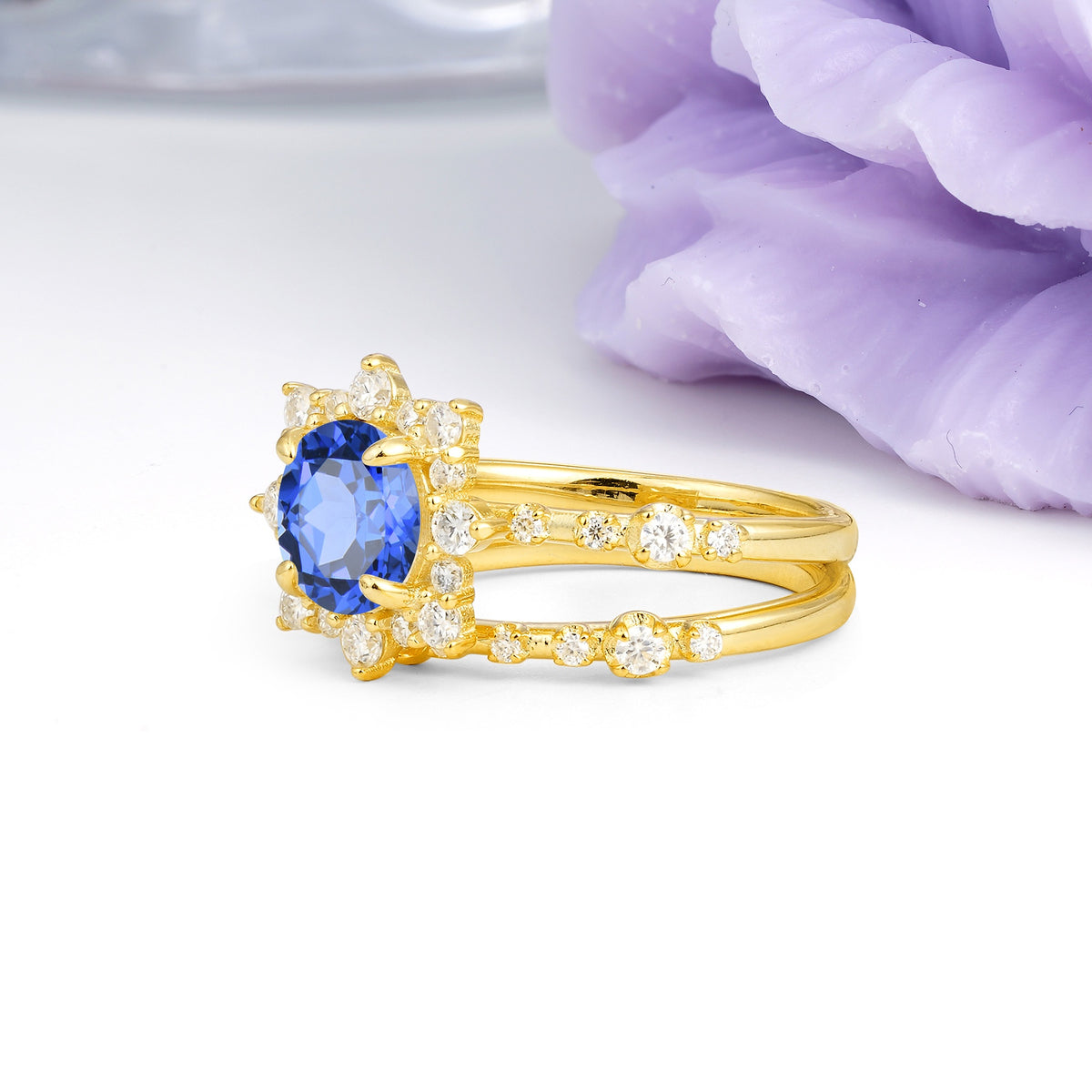Rainbow Flash Floral Halo Twisted Arm Mini Accent Round Cut Sapphire Bridal Ring Set - Additional view