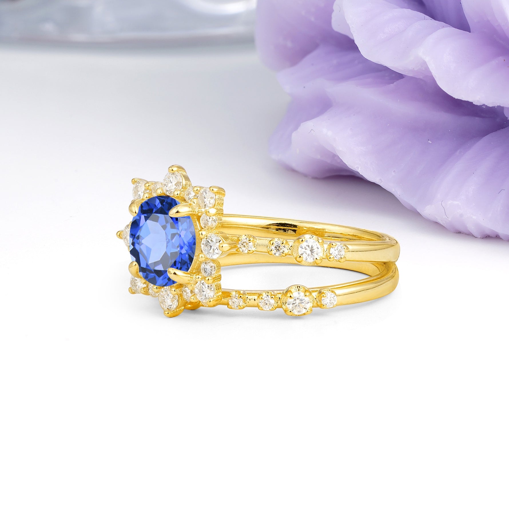 Rainbow Flash Floral Halo Twisted Arm Mini Accent Round Cut Sapphire Bridal Ring Set - Additional view