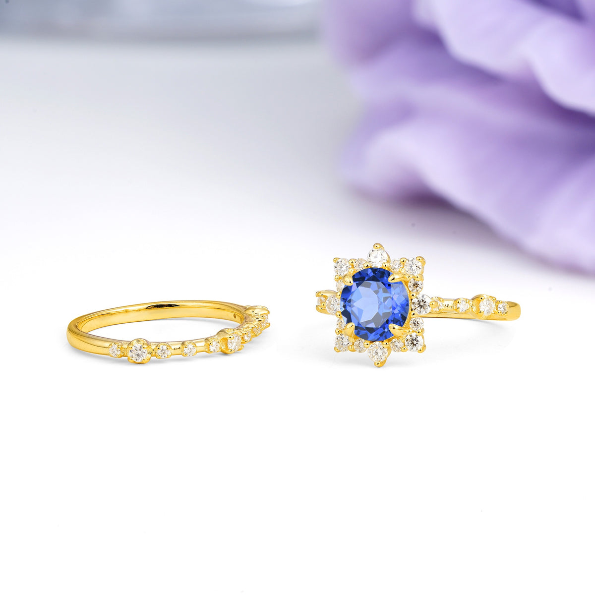 Rainbow Flash Floral Halo Twisted Arm Mini Accent Round Cut Sapphire Bridal Ring Set - Additional view