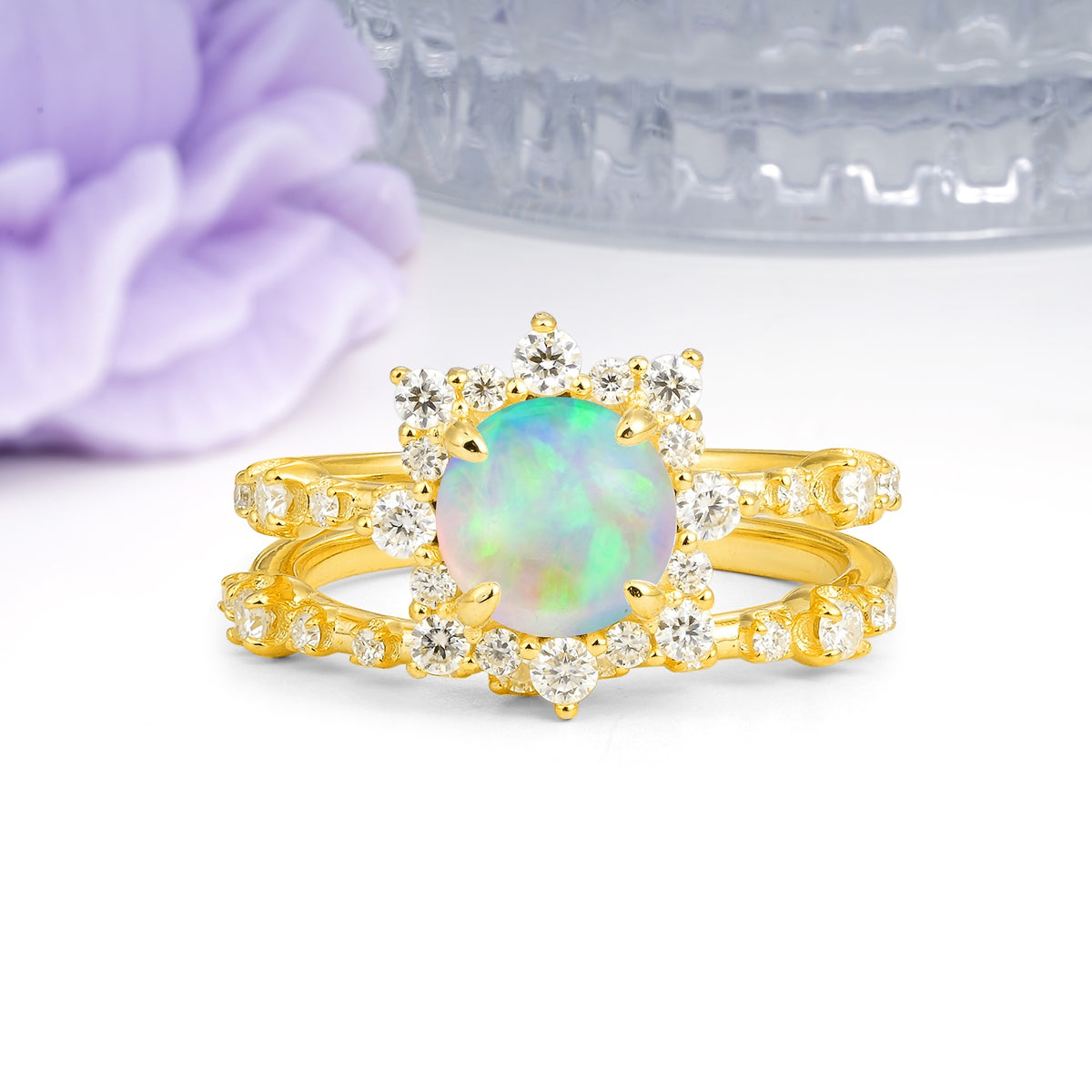 Rainbow Flash Floral Halo Twisted Arm Mini Accent Round Cut Fire Opal Bridal Ring Set - Additional view