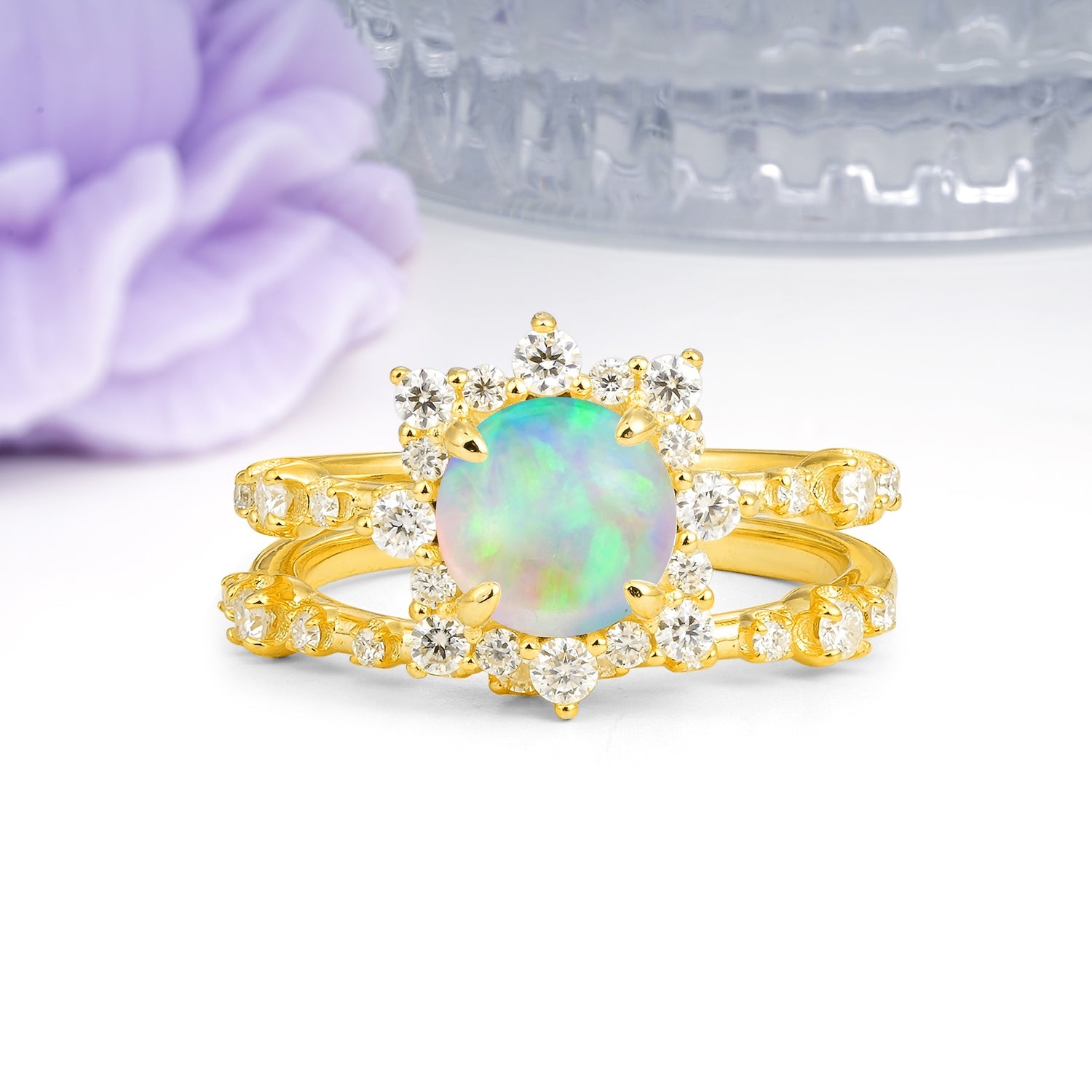 Rainbow Flash Floral Halo Twisted Arm Mini Accent Round Cut Fire Opal Bridal Ring Set - Additional view