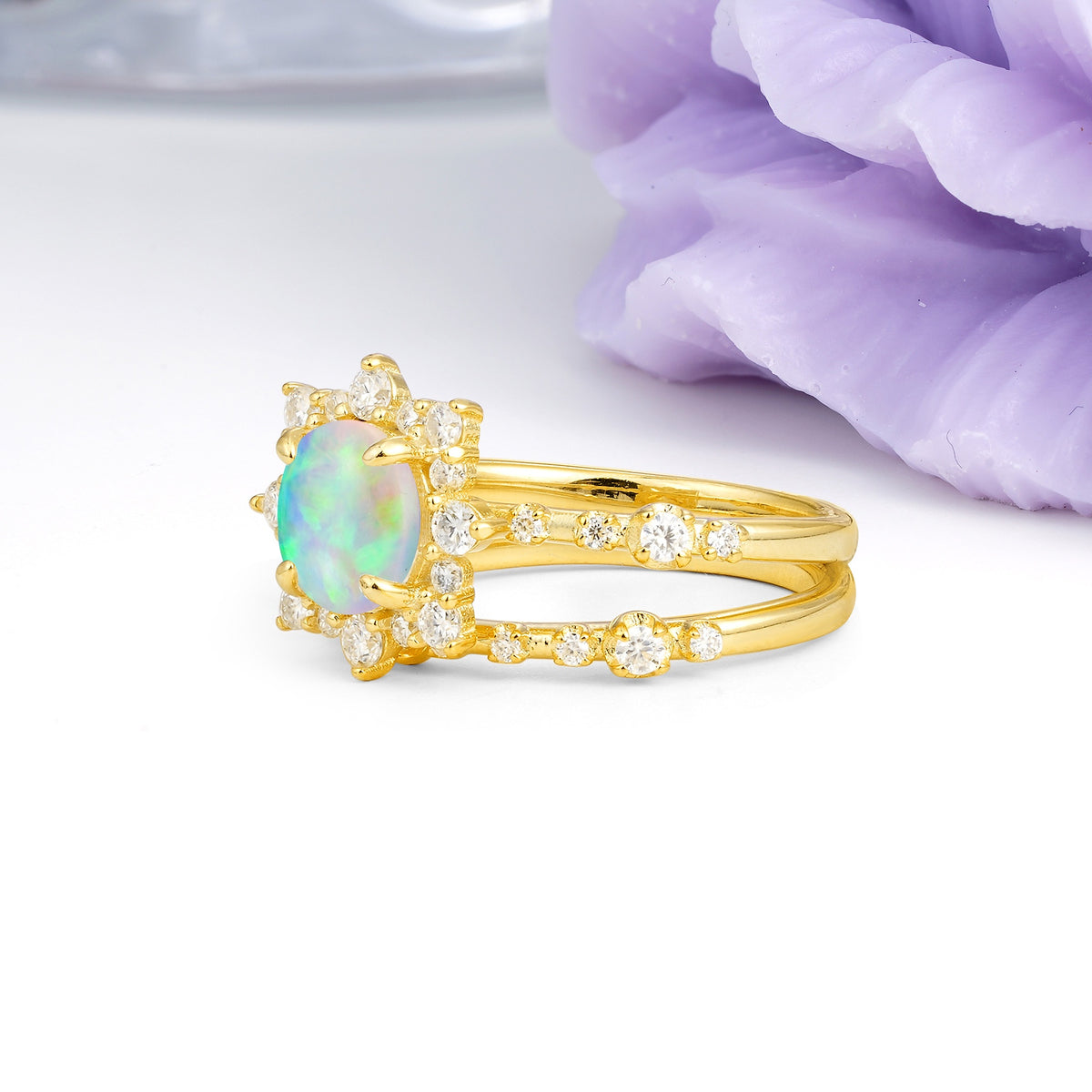 Rainbow Flash Floral Halo Twisted Arm Mini Accent Round Cut Fire Opal Bridal Ring Set - Additional view