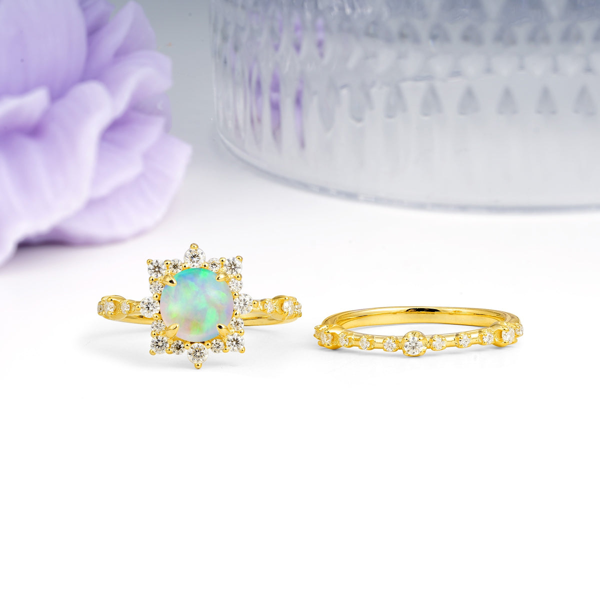Rainbow Flash Floral Halo Twisted Arm Mini Accent Round Cut Fire Opal Bridal Ring Set - Additional view