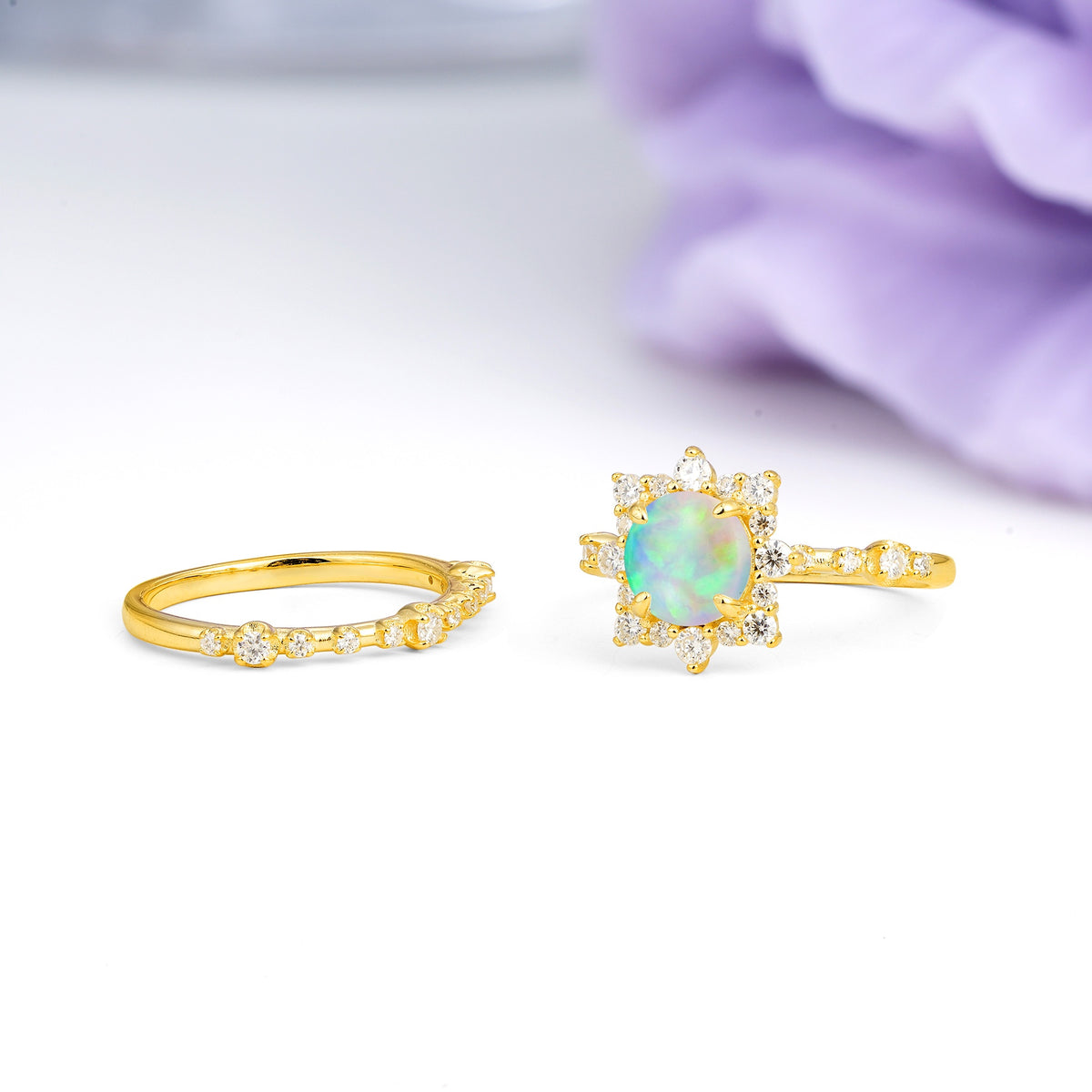 Rainbow Flash Floral Halo Twisted Arm Mini Accent Round Cut Fire Opal Bridal Ring Set - Additional view
