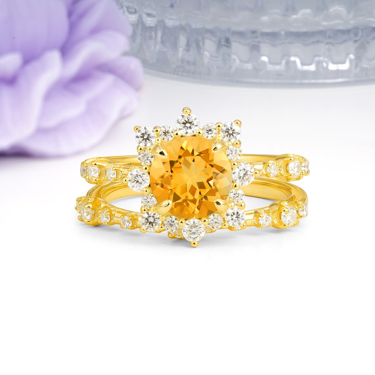 Rainbow Flash Floral Halo Twisted Arm Mini Accent Round Cut Citrine Bridal Ring Set - Additional view