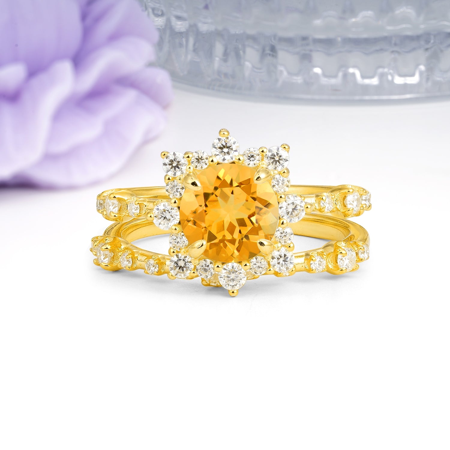 Rainbow Flash Floral Halo Twisted Arm Mini Accent Round Cut Citrine Bridal Ring Set - Additional view