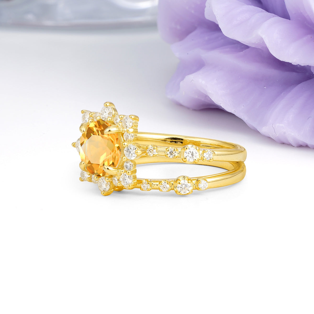 Rainbow Flash Floral Halo Twisted Arm Mini Accent Round Cut Citrine Bridal Ring Set - Additional view