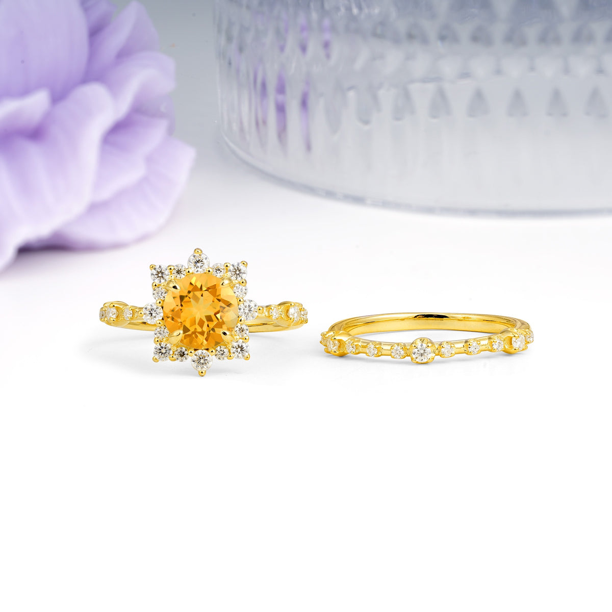 Rainbow Flash Floral Halo Twisted Arm Mini Accent Round Cut Citrine Bridal Ring Set - Additional view