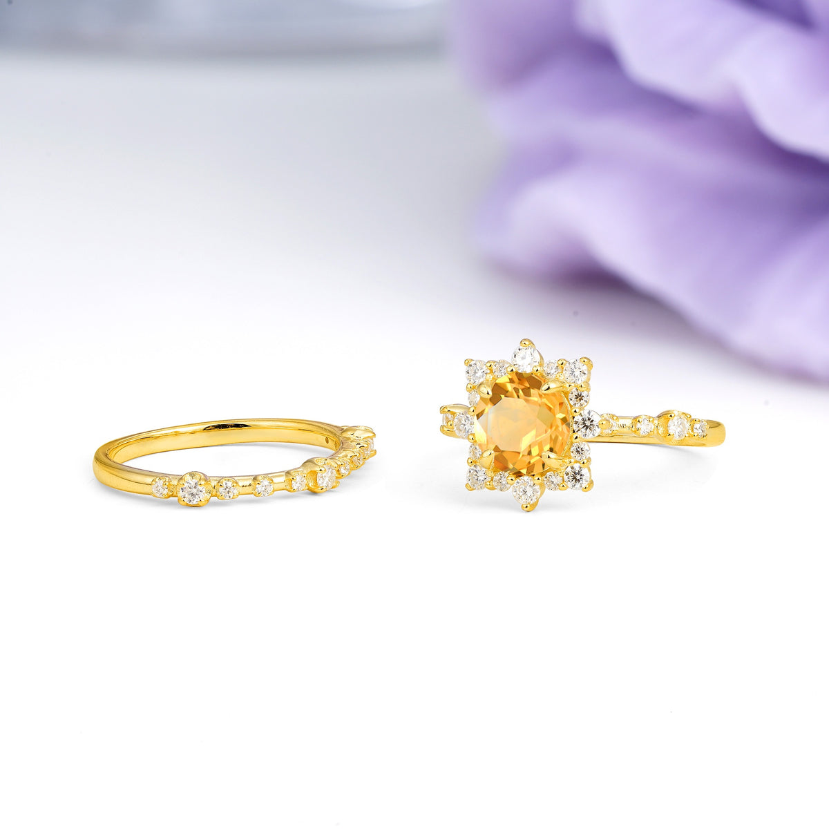 Rainbow Flash Floral Halo Twisted Arm Mini Accent Round Cut Citrine Bridal Ring Set - Additional view