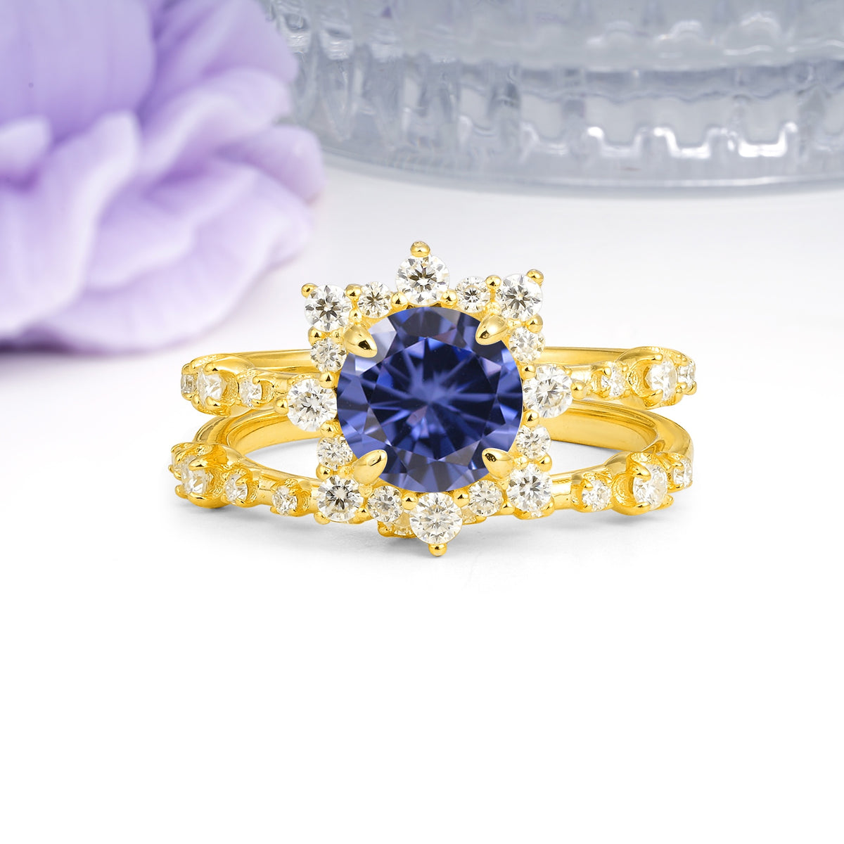 Rainbow Flash Floral Halo Twisted Arm Mini Accent Round Cut Tanzanite Bridal Ring Set - Additional view