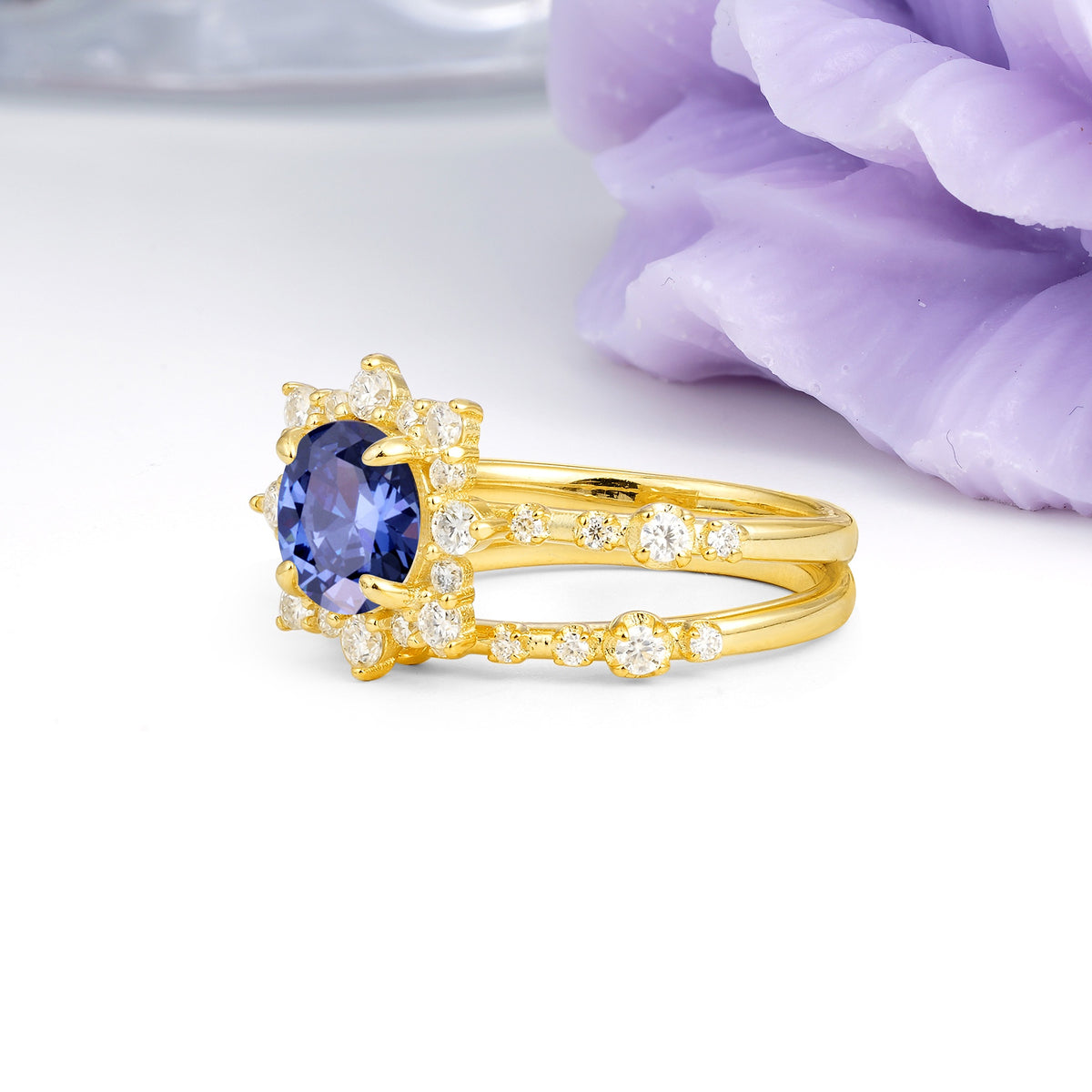 Rainbow Flash Floral Halo Twisted Arm Mini Accent Round Cut Tanzanite Bridal Ring Set - Additional view