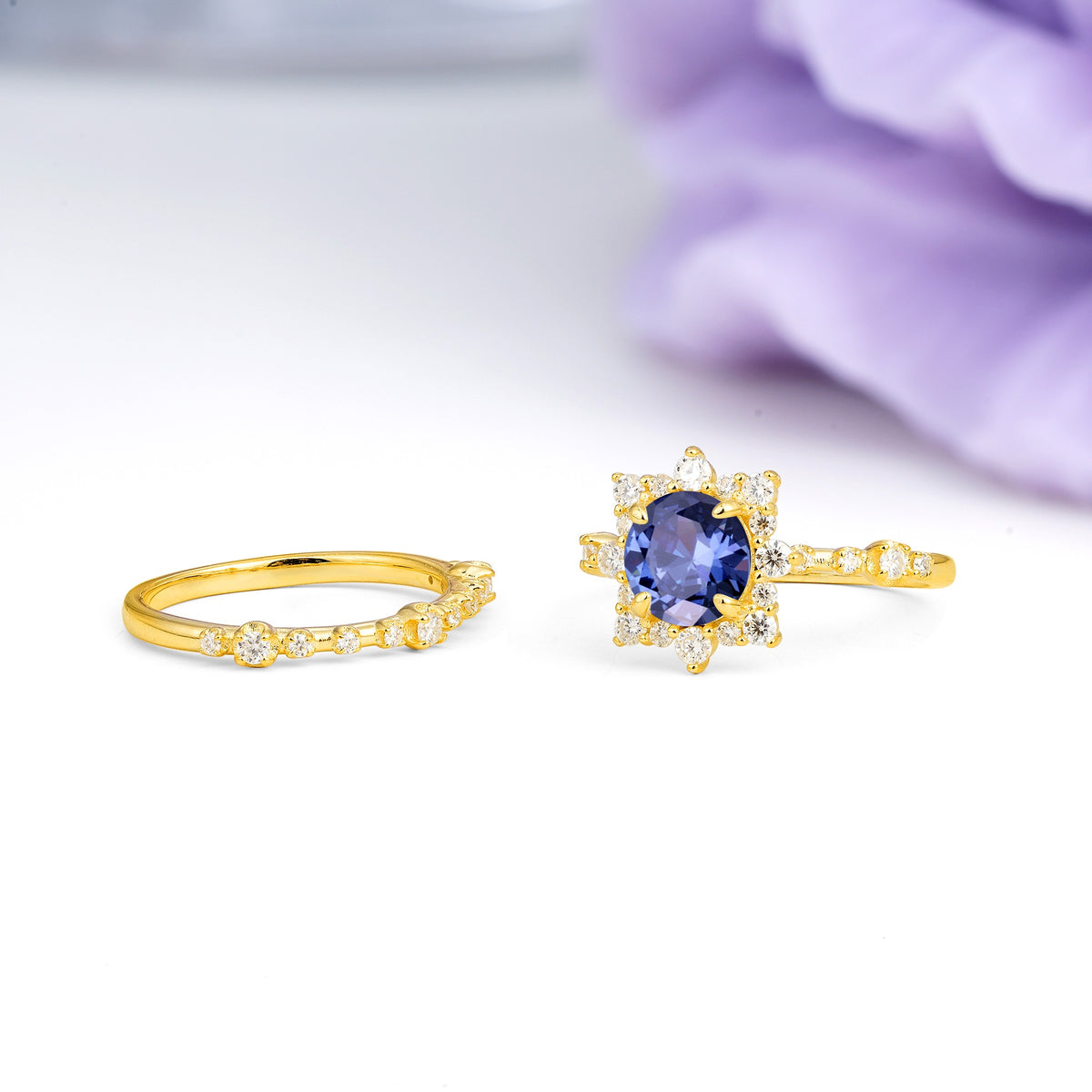 Rainbow Flash Floral Halo Twisted Arm Mini Accent Round Cut Tanzanite Bridal Ring Set - Additional view