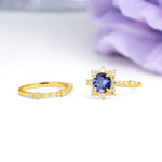 Rainbow Flash Floral Halo Twisted Arm Mini Accent Round Cut Tanzanite Bridal Ring Set - Additional view