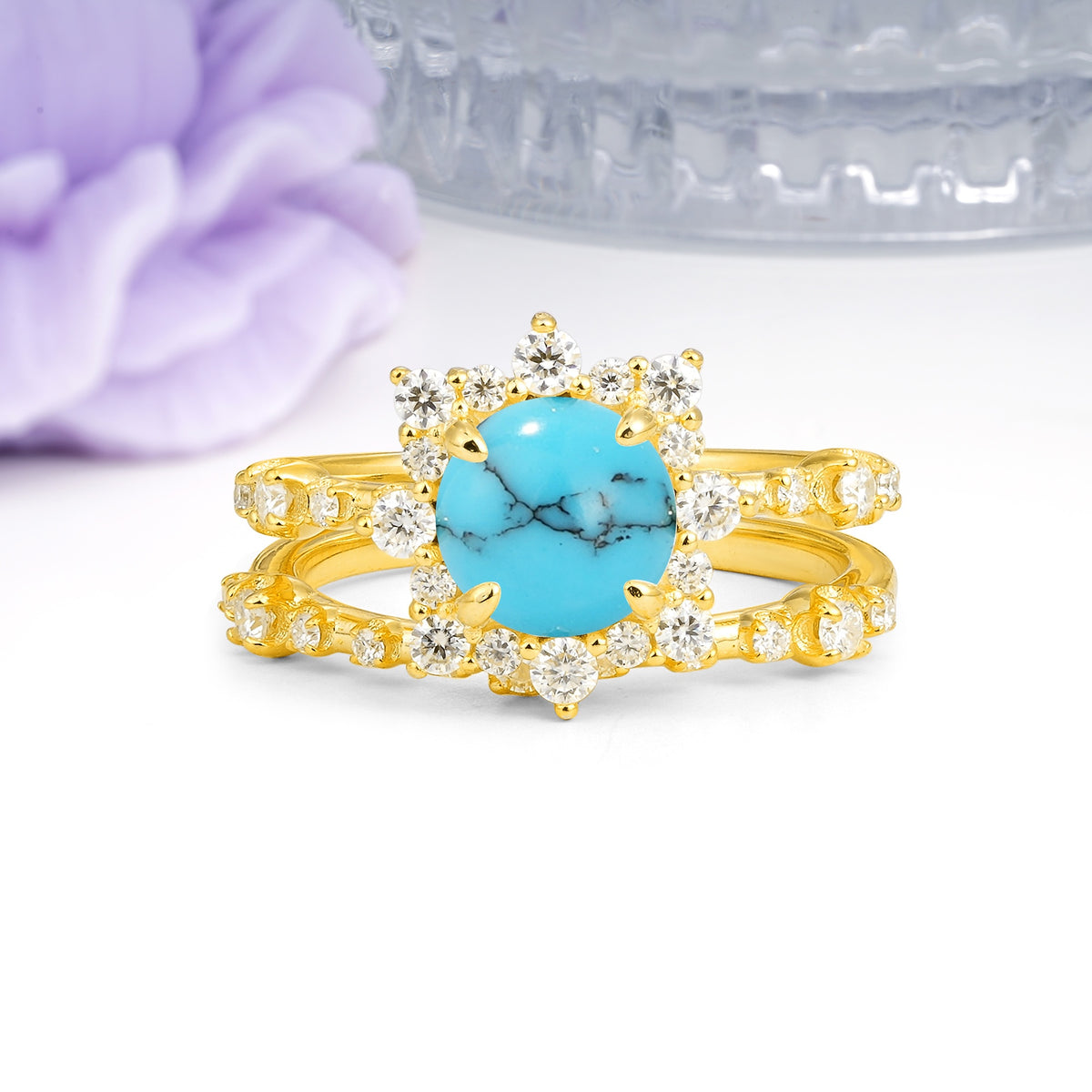 Rainbow Flash Floral Halo Twisted Arm Mini Accent Round Cut Turquoise Bridal Ring Set - Additional view
