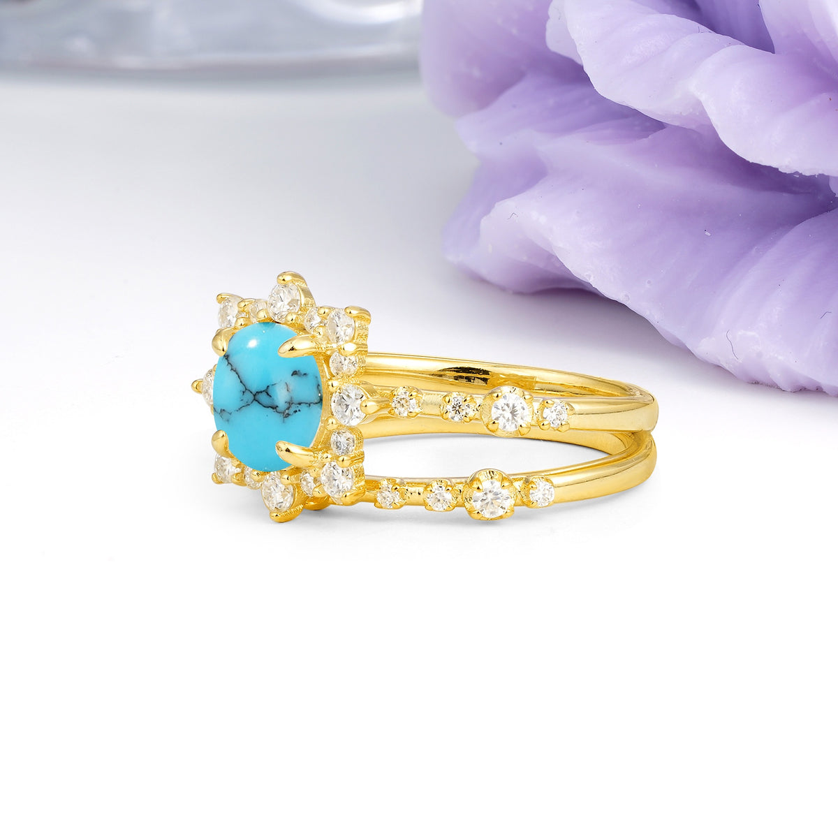 Rainbow Flash Floral Halo Twisted Arm Mini Accent Round Cut Turquoise Bridal Ring Set - Additional view