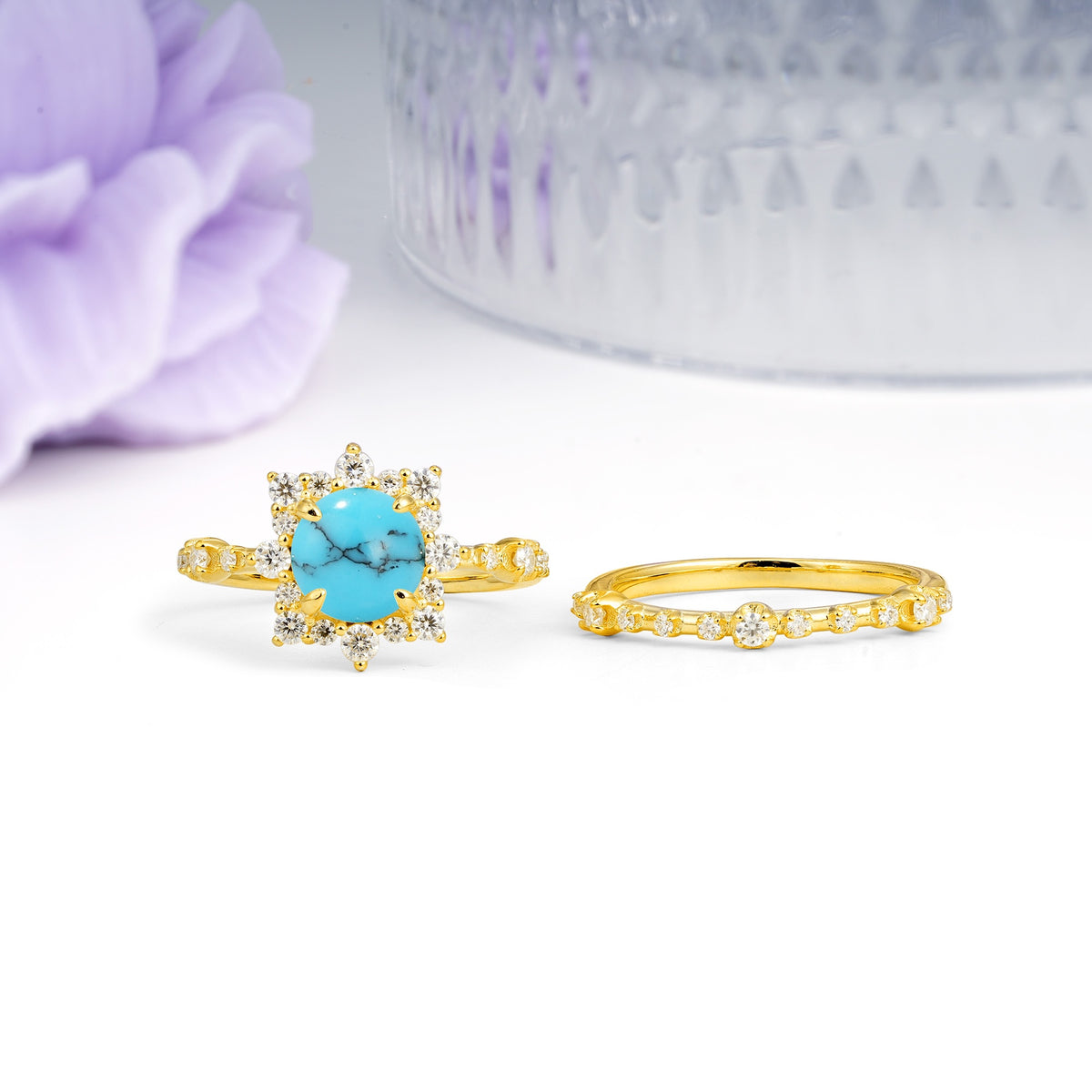 Rainbow Flash Floral Halo Twisted Arm Mini Accent Round Cut Turquoise Bridal Ring Set - Additional view