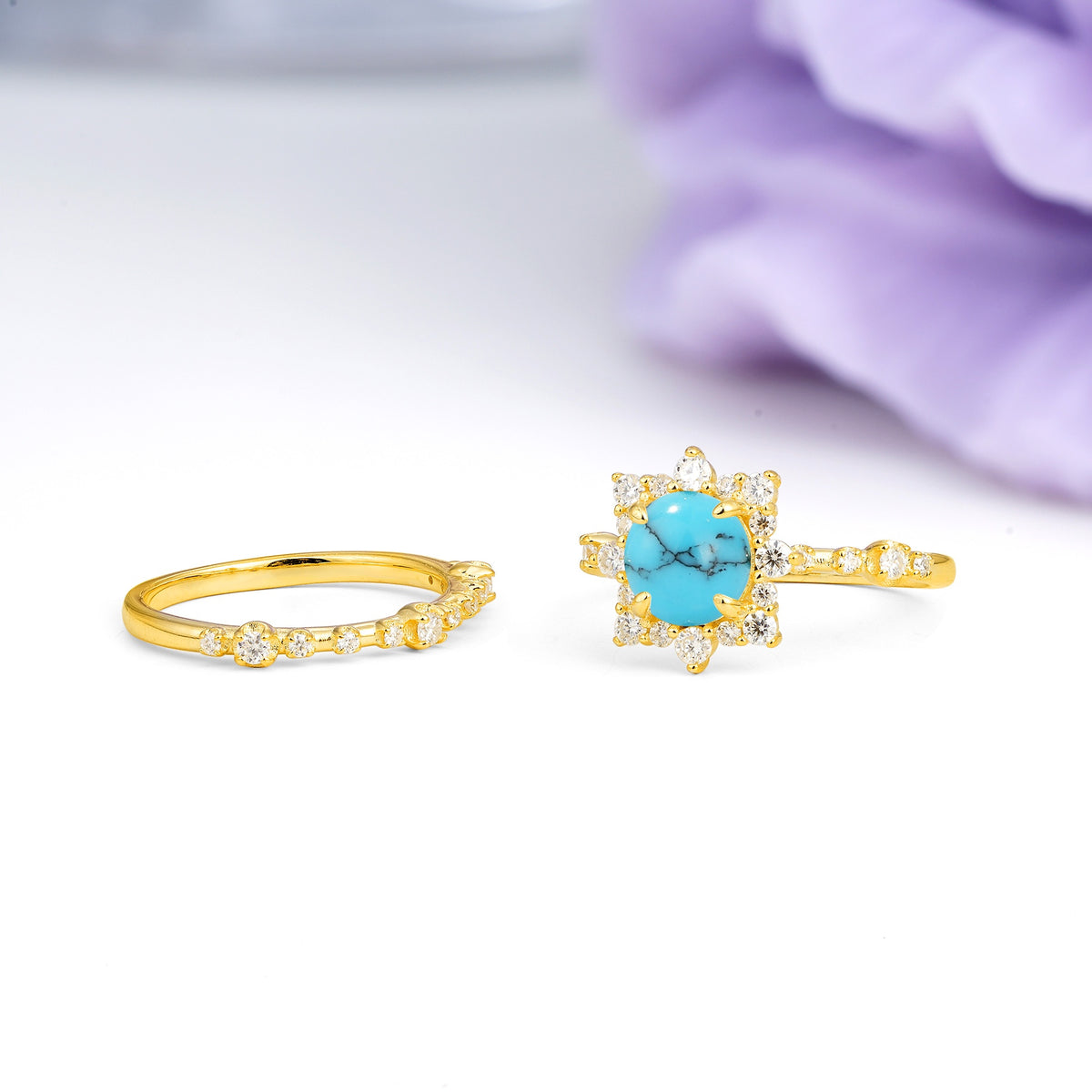 Rainbow Flash Floral Halo Twisted Arm Mini Accent Round Cut Turquoise Bridal Ring Set - Additional view