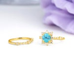 Rainbow Flash Floral Halo Twisted Arm Mini Accent Round Cut Turquoise Bridal Ring Set - Additional view