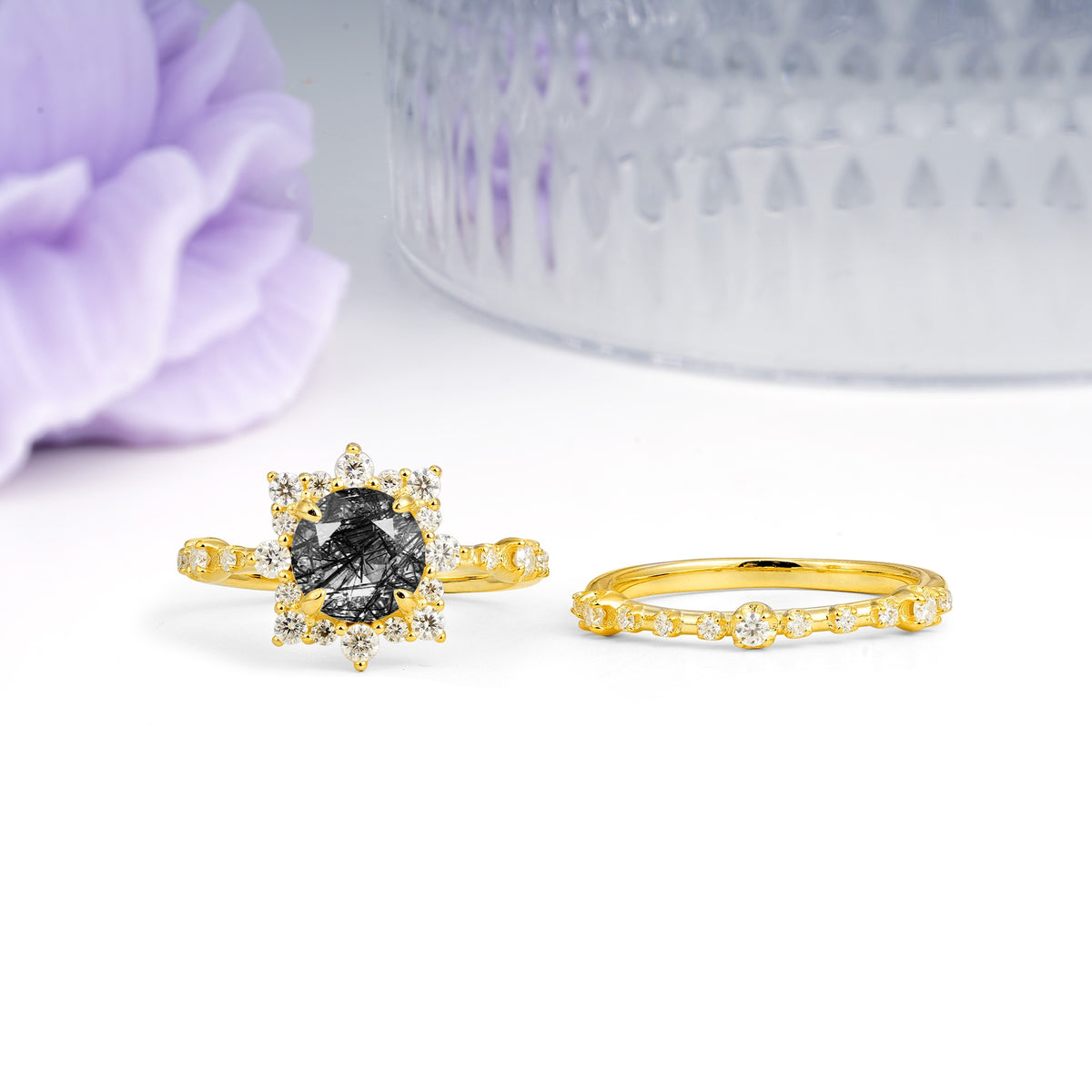 Rainbow Flash Floral Halo Twisted Arm Mini Accent Round Cut Black Rutilated Quartz Bridal Ring Set - Additional view