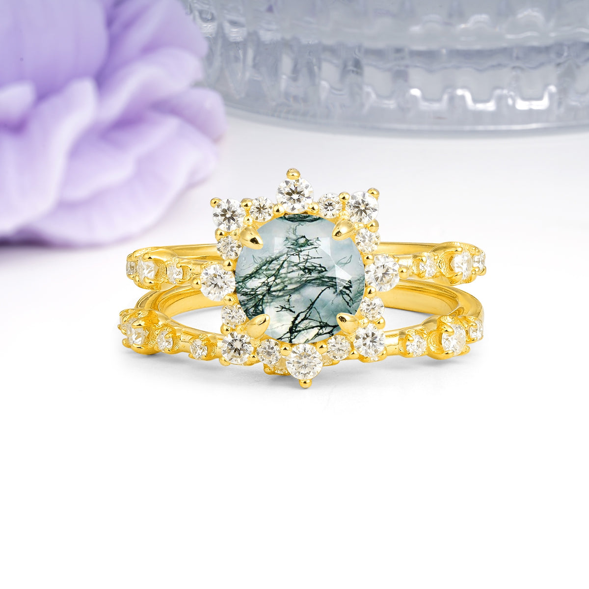 Rainbow Flash Floral Halo Twisted Arm Mini Accent Round Cut Moss Agate Bridal Ring Set - Additional view