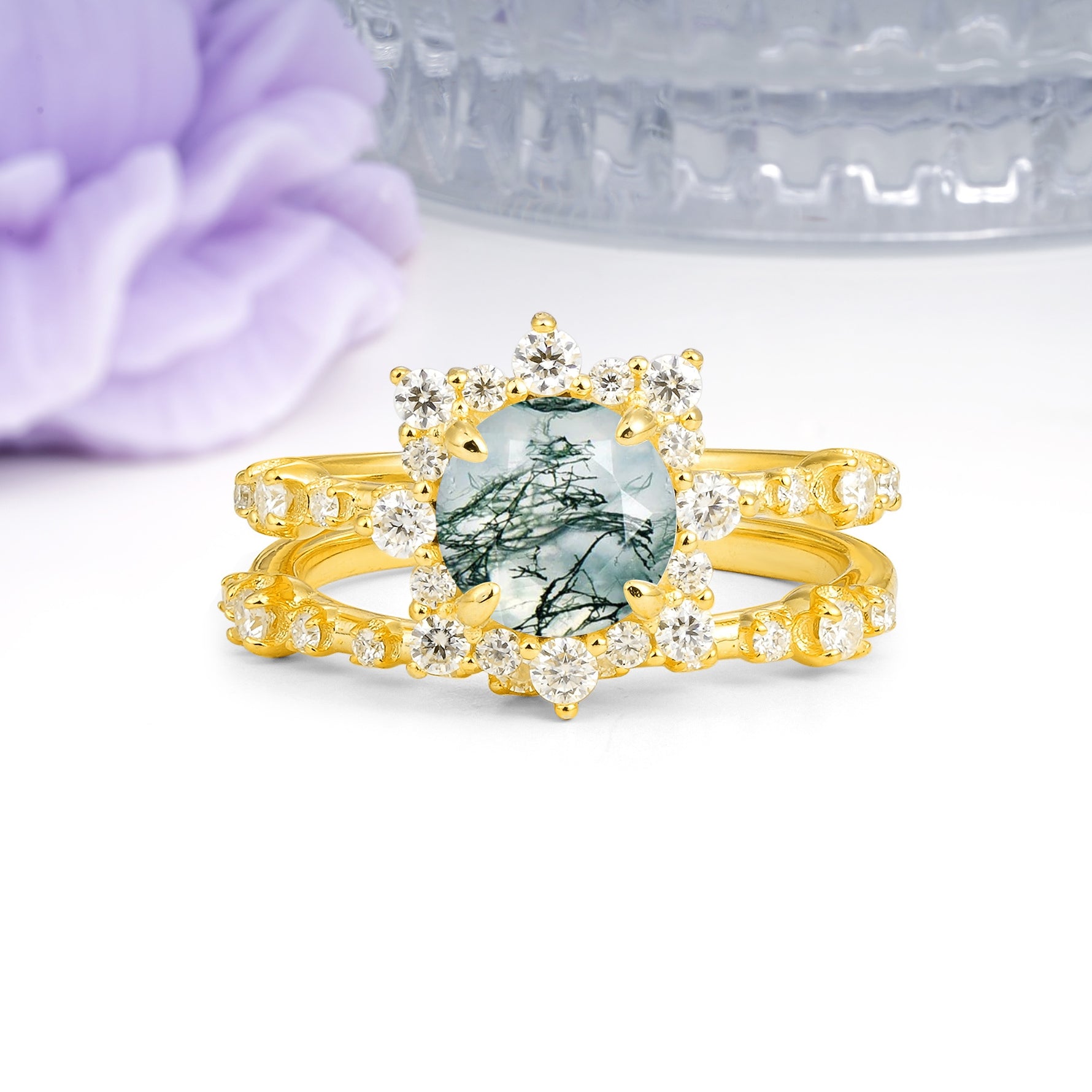 Rainbow Flash Floral Halo Twisted Arm Mini Accent Round Cut Moss Agate Bridal Ring Set - Additional view