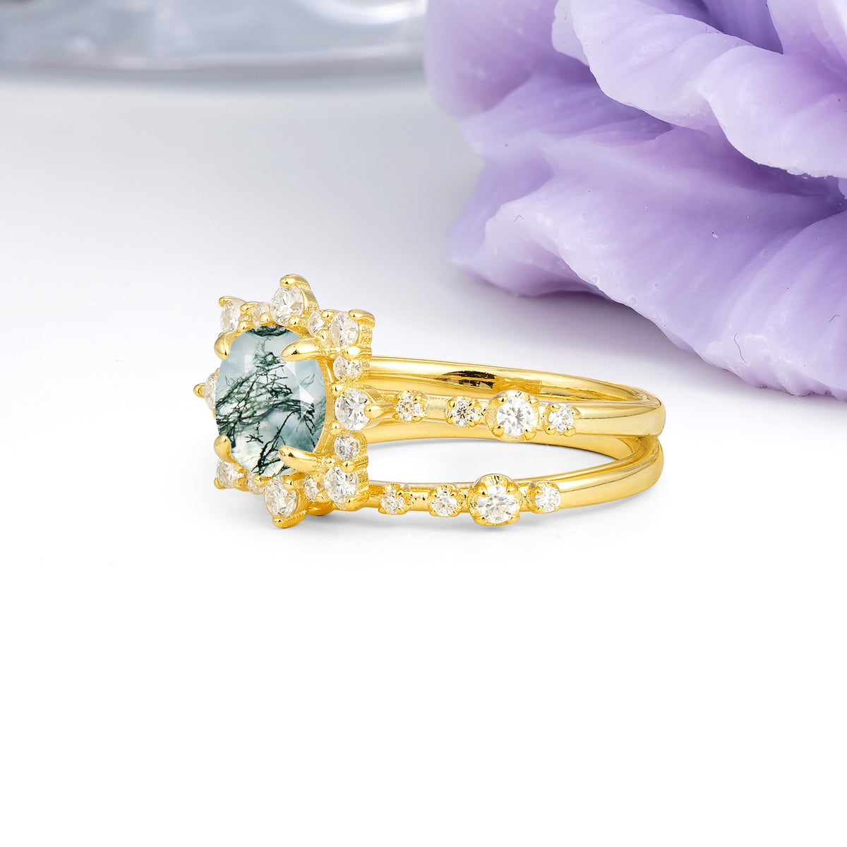 Rainbow Flash Floral Halo Twisted Arm Mini Accent Round Cut Moss Agate Bridal Ring Set - Additional view
