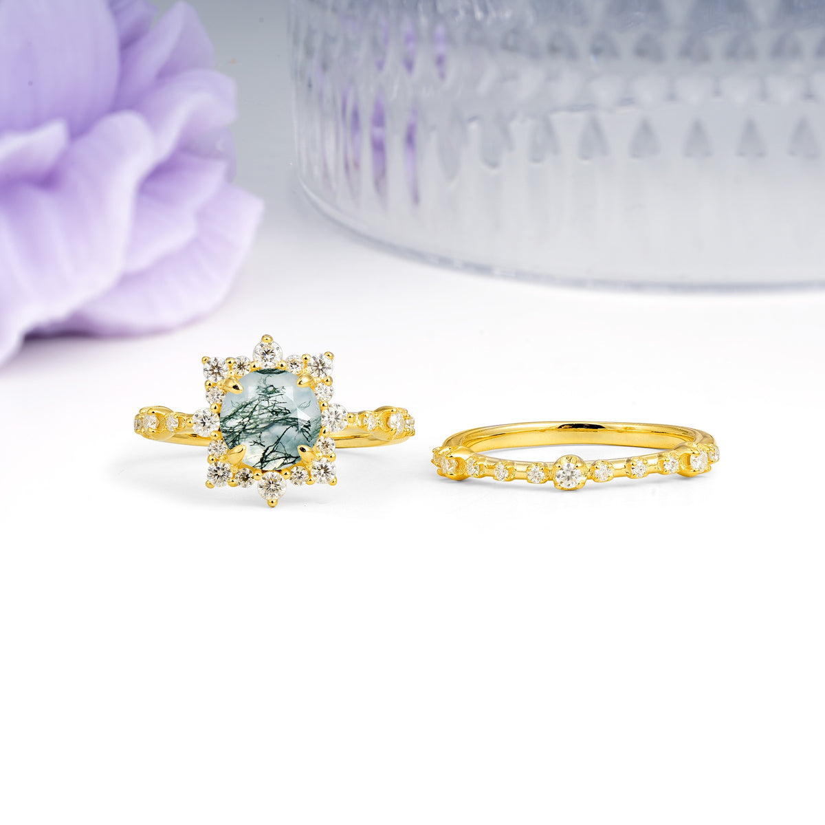 Rainbow Flash Floral Halo Twisted Arm Mini Accent Round Cut Moss Agate Bridal Ring Set - Additional view