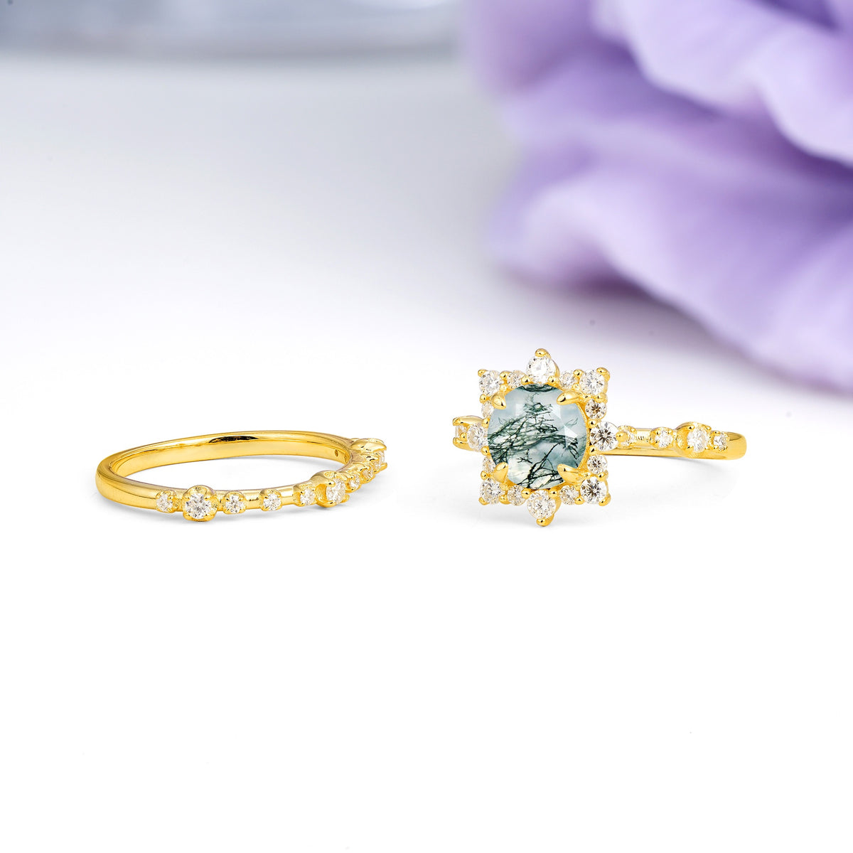 Rainbow Flash Floral Halo Twisted Arm Mini Accent Round Cut Moss Agate Bridal Ring Set - Additional view