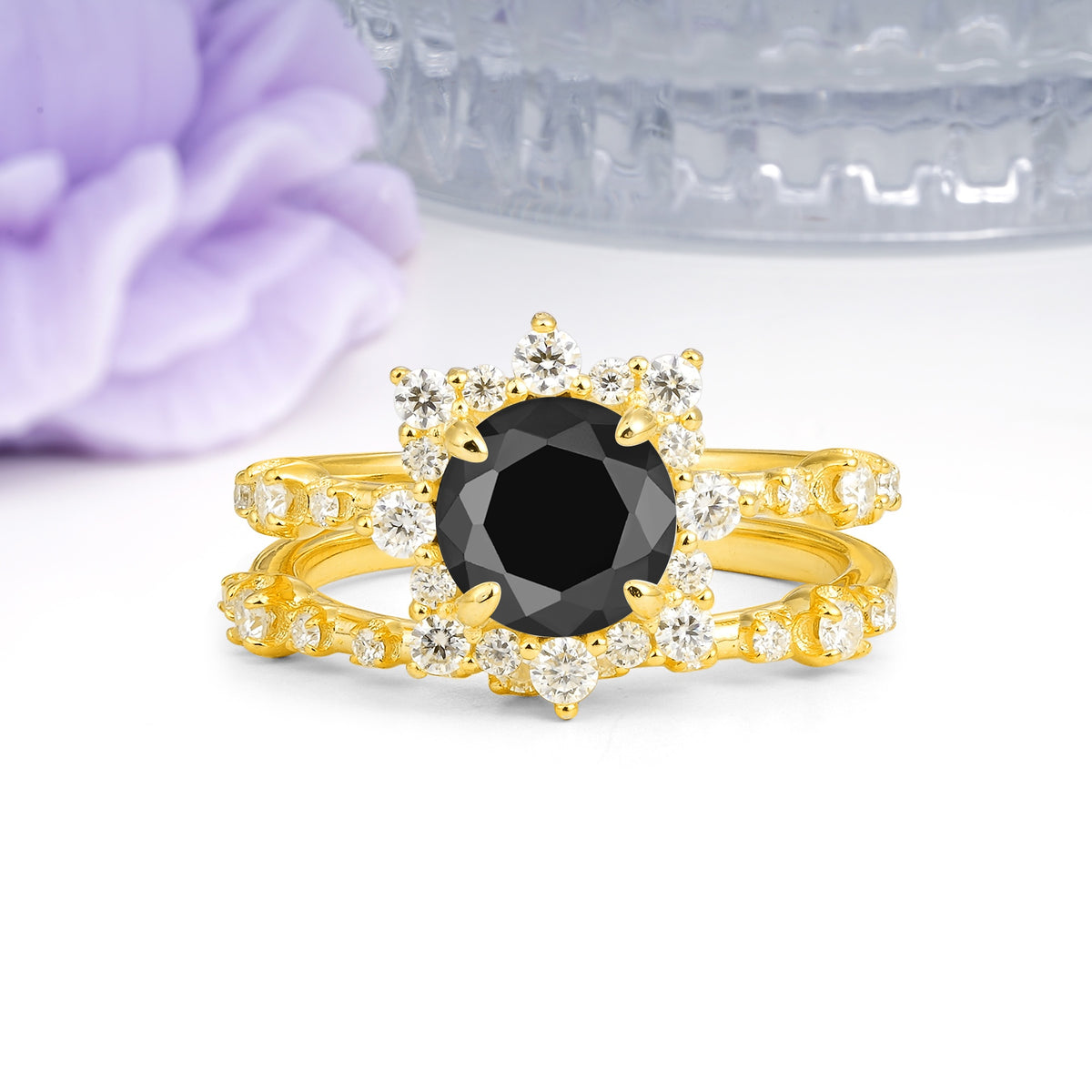 Rainbow Flash Floral Halo Twisted Arm Mini Accent Round Cut Black Onyx Bridal Ring Set - Additional view
