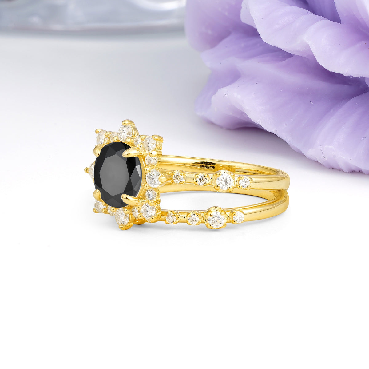 Rainbow Flash Floral Halo Twisted Arm Mini Accent Round Cut Black Onyx Bridal Ring Set - Additional view