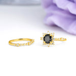 Rainbow Flash Floral Halo Twisted Arm Mini Accent Round Cut Black Onyx Bridal Ring Set - Additional view