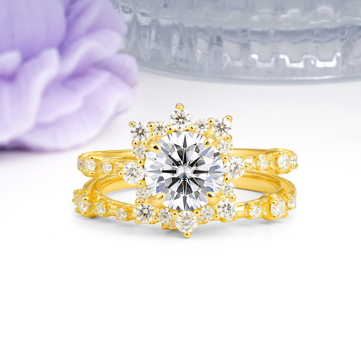 Rainbow Flash Floral Halo Twisted Arm Mini Accent Round Cut Lab Diamond Bridal Ring Set - Additional view
