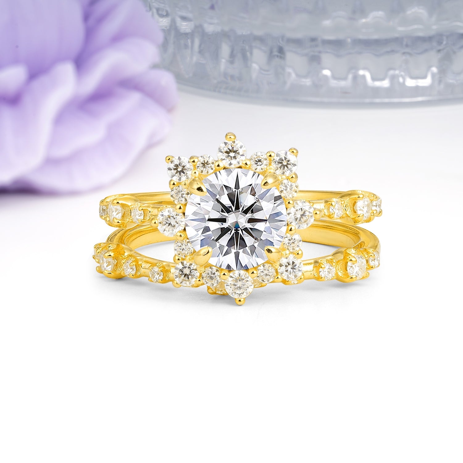 Rainbow Flash Floral Halo Twisted Arm Mini Accent Round Cut Lab Diamond Bridal Ring Set - Additional view