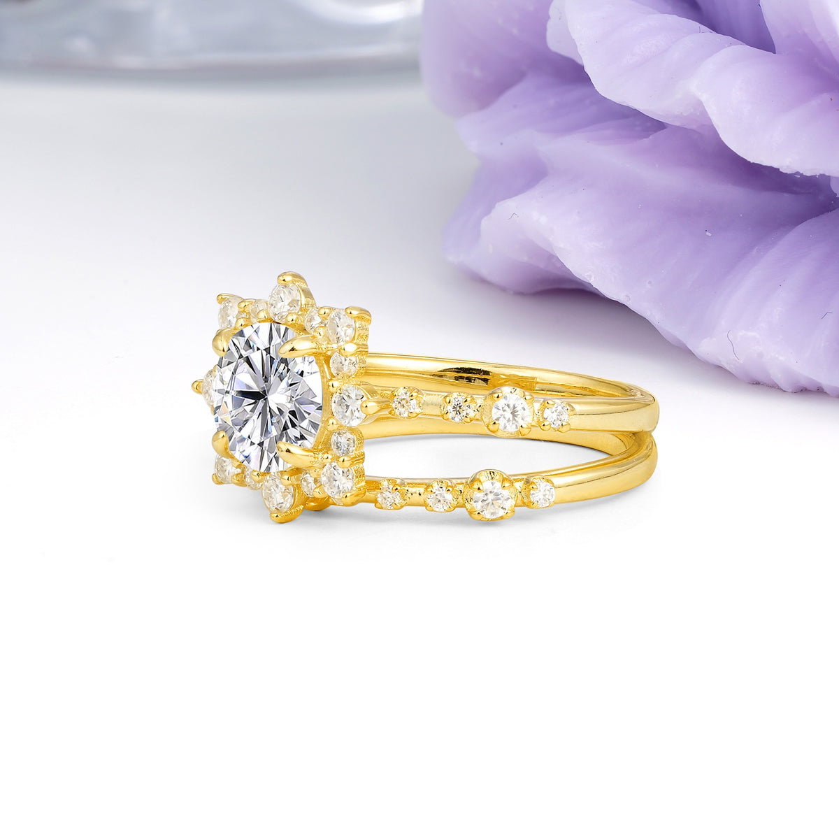 Rainbow Flash Floral Halo Twisted Arm Mini Accent Round Cut Lab Diamond Bridal Ring Set - Additional view