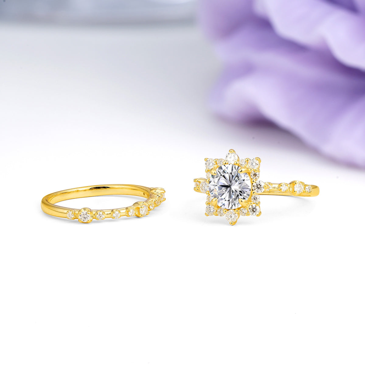Rainbow Flash Floral Halo Twisted Arm Mini Accent Round Cut Lab Diamond Bridal Ring Set - Additional view