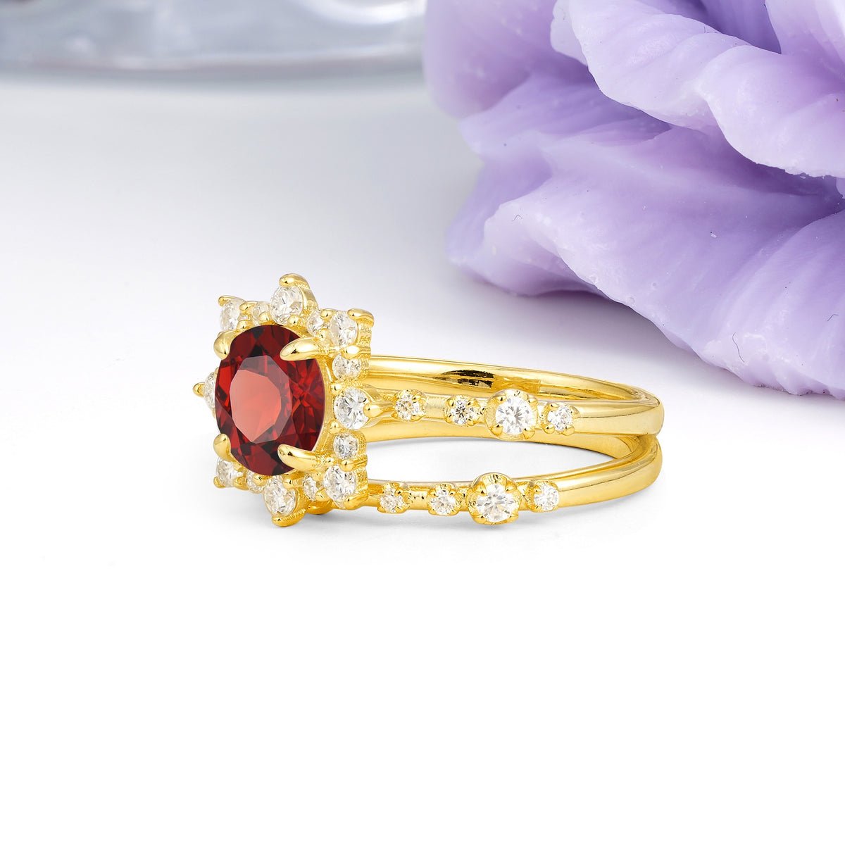 Rainbow Flash Floral Halo Twisted Arm Mini Accent Round Cut Garnet Bridal Ring Set - Additional view