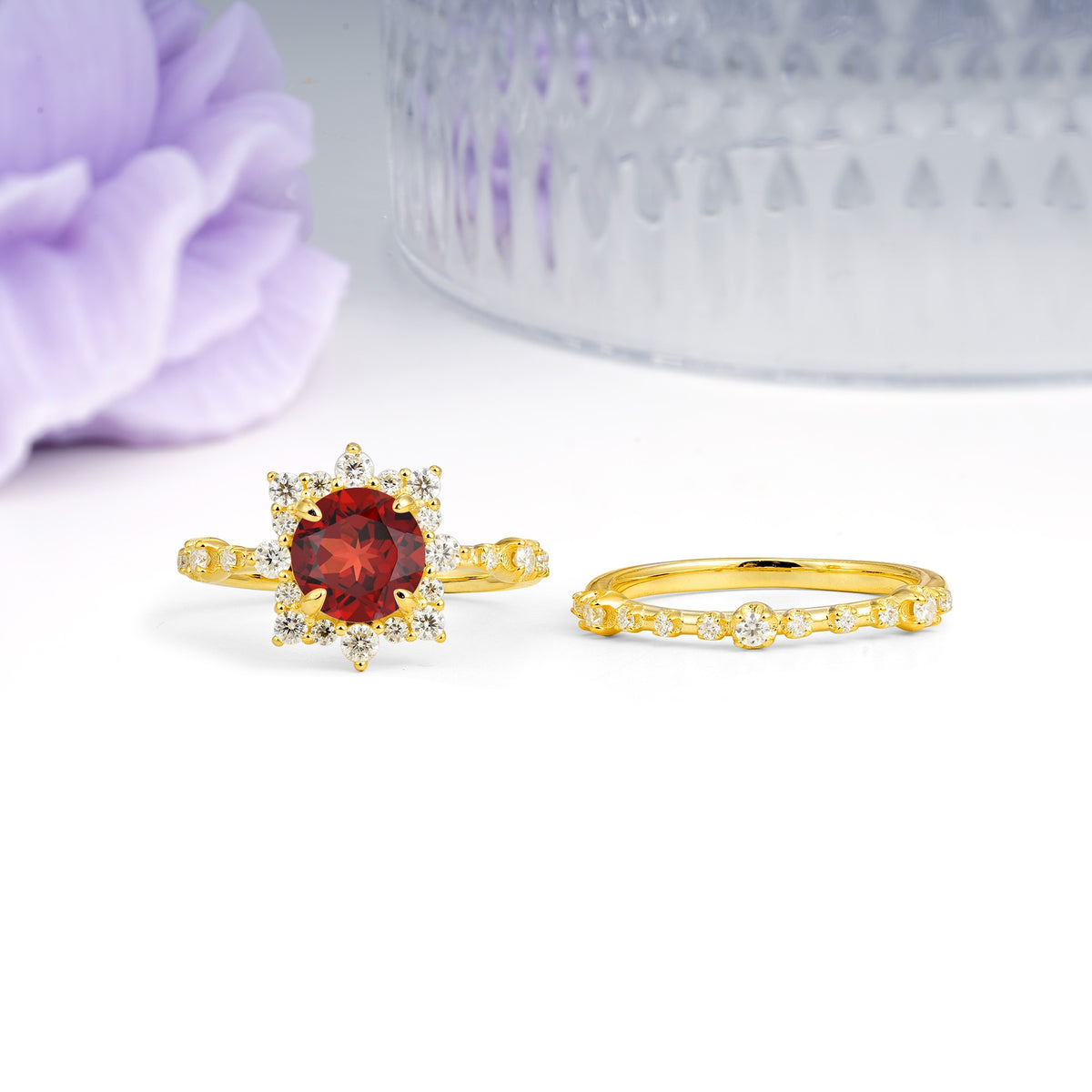 Rainbow Flash Floral Halo Twisted Arm Mini Accent Round Cut Garnet Bridal Ring Set - Additional view