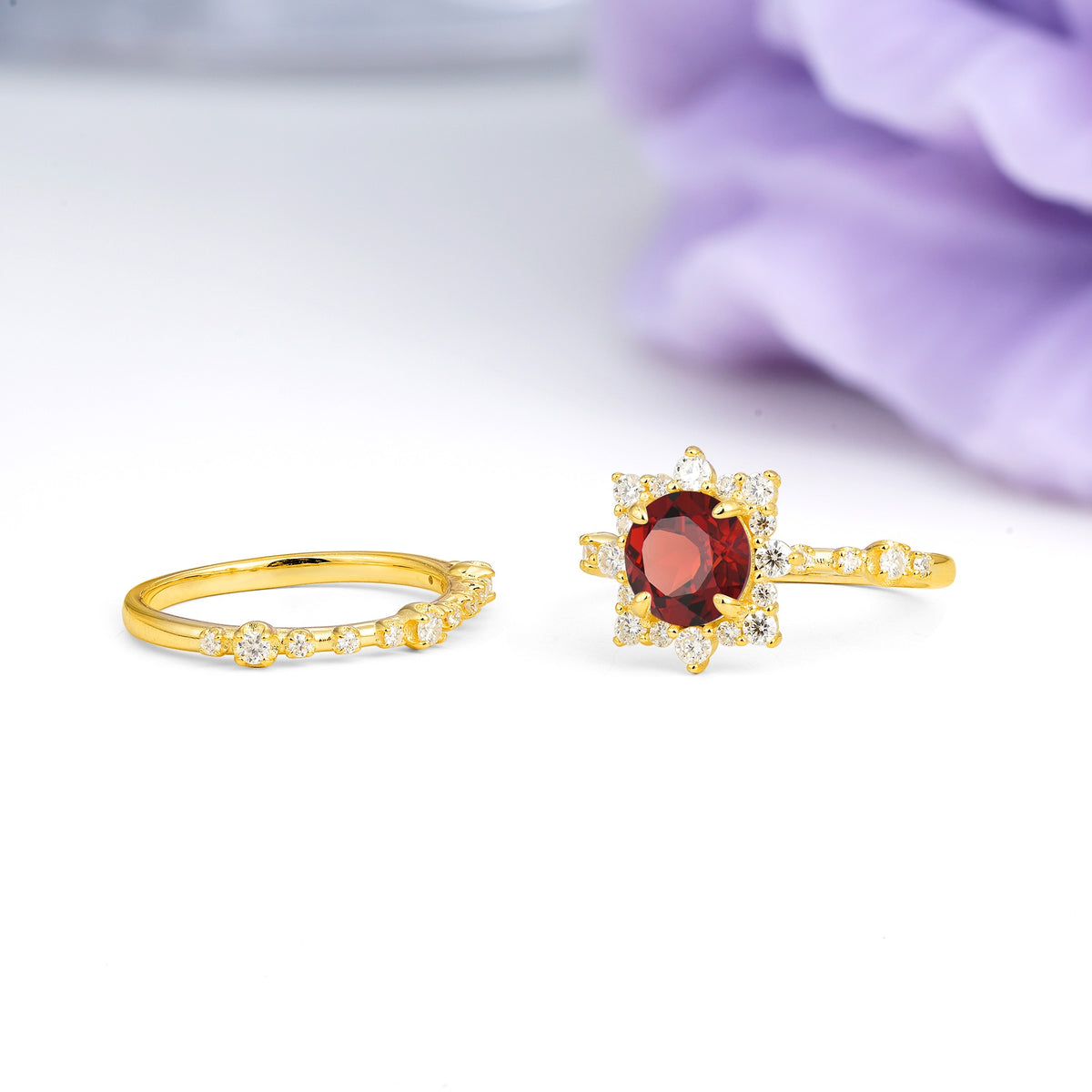 Rainbow Flash Floral Halo Twisted Arm Mini Accent Round Cut Garnet Bridal Ring Set - Additional view