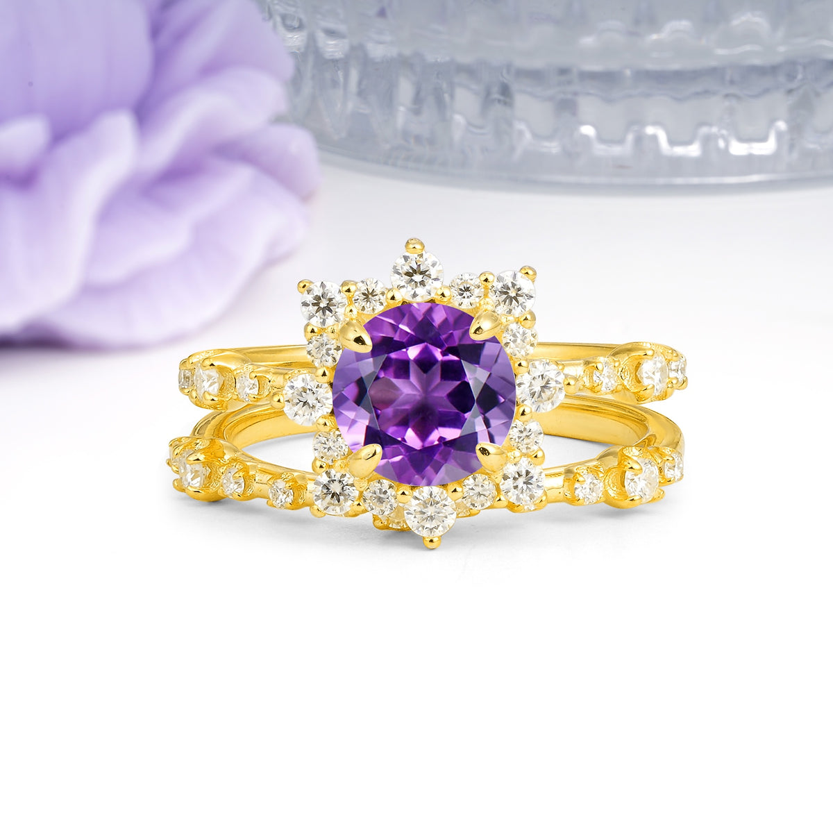 Rainbow Flash Floral Halo Twisted Arm Mini Accent Round Cut Amethyst Bridal Ring Set - Additional view