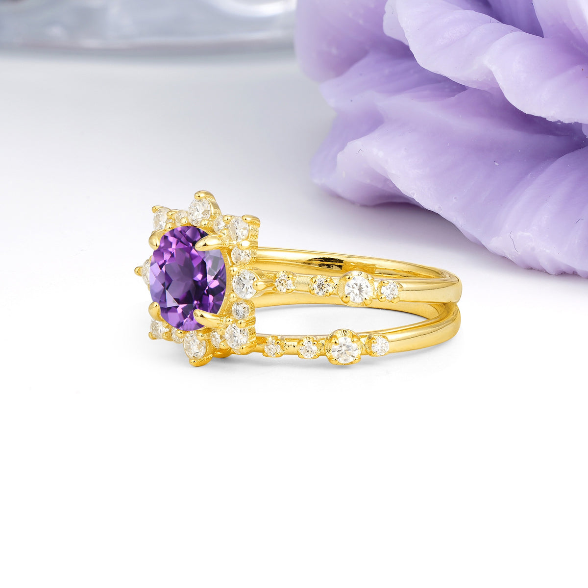 Rainbow Flash Floral Halo Twisted Arm Mini Accent Round Cut Amethyst Bridal Ring Set - Additional view