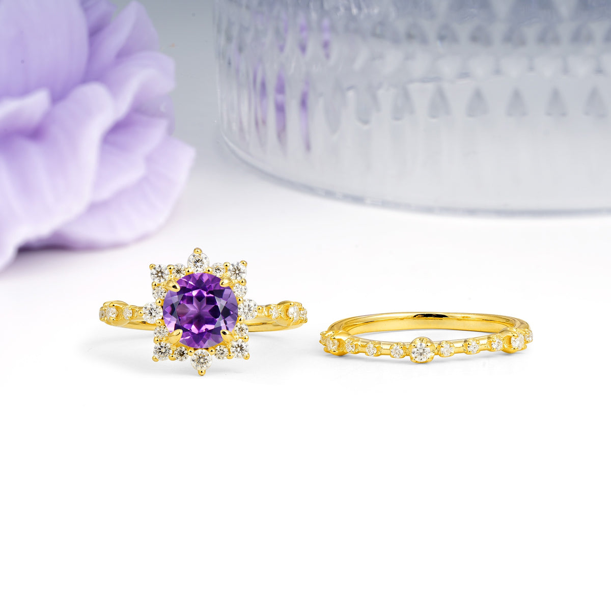 Rainbow Flash Floral Halo Twisted Arm Mini Accent Round Cut Amethyst Bridal Ring Set - Additional view