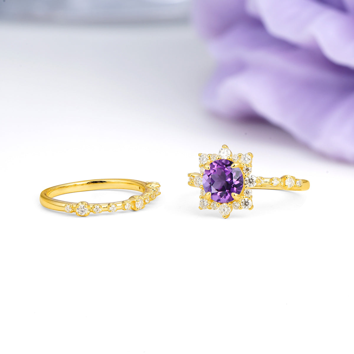 Rainbow Flash Floral Halo Twisted Arm Mini Accent Round Cut Amethyst Bridal Ring Set - Additional view