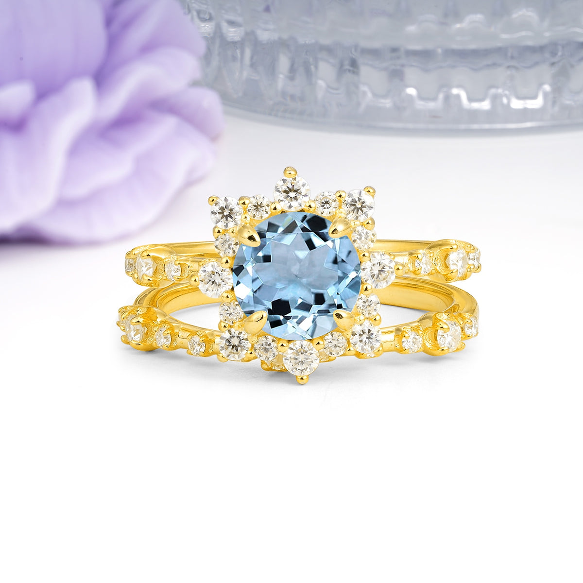 Rainbow Flash Floral Halo Twisted Arm Mini Accent Round Cut Aquamarine Bridal Ring Set - Additional view