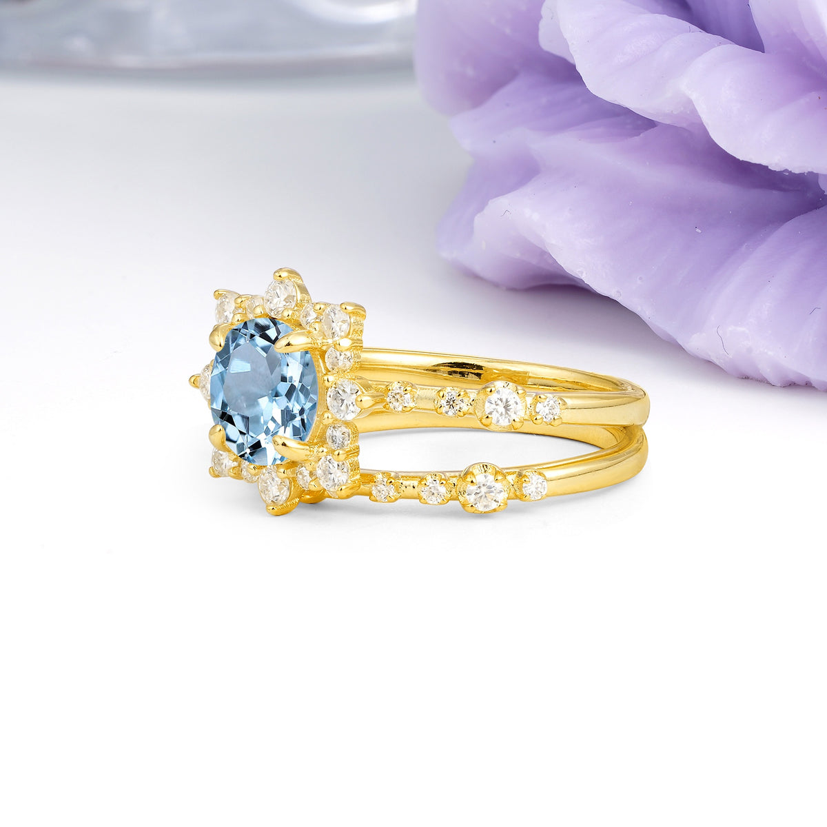 Rainbow Flash Floral Halo Twisted Arm Mini Accent Round Cut Aquamarine Bridal Ring Set - Additional view
