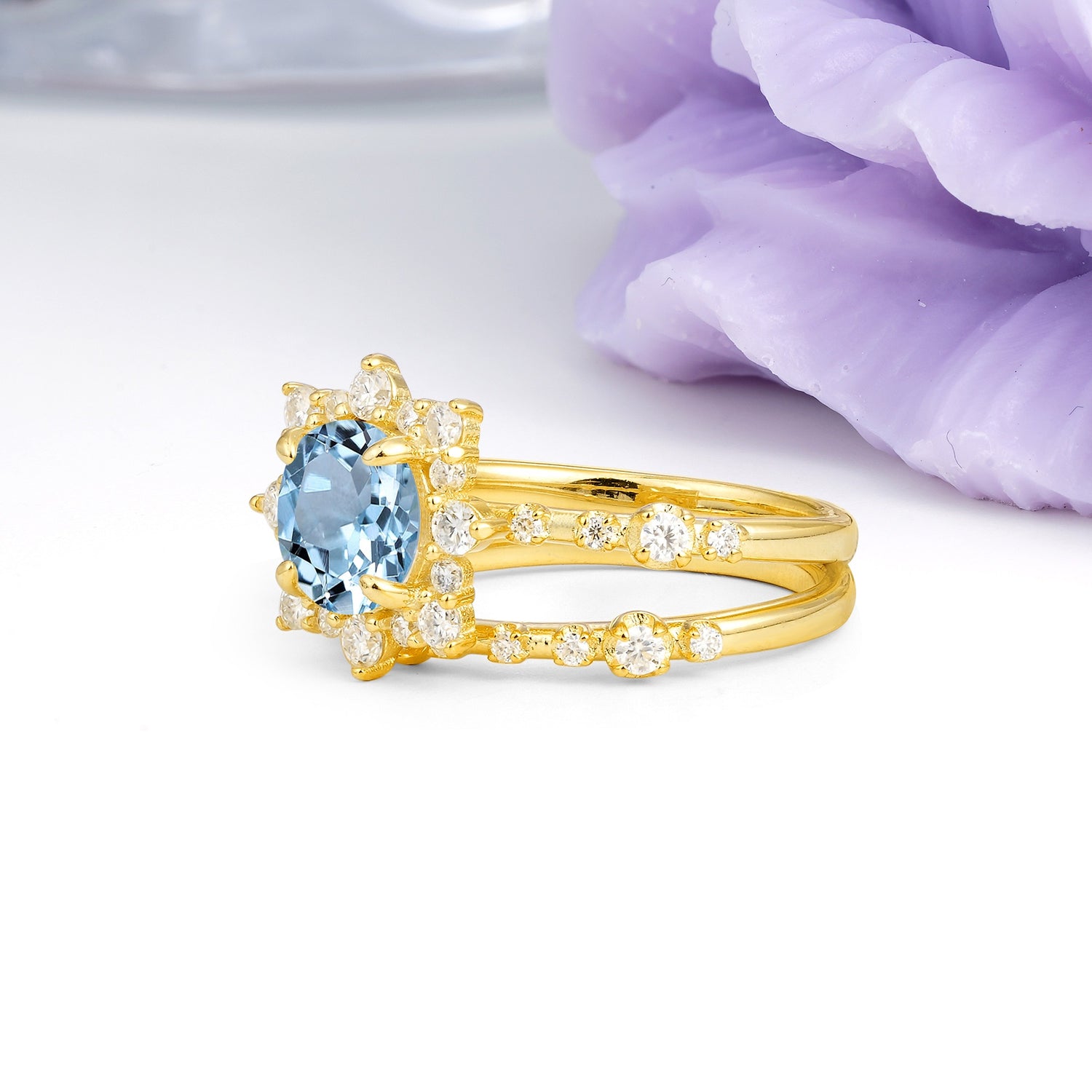 Rainbow Flash Floral Halo Twisted Arm Mini Accent Round Cut Aquamarine Bridal Ring Set - Additional view