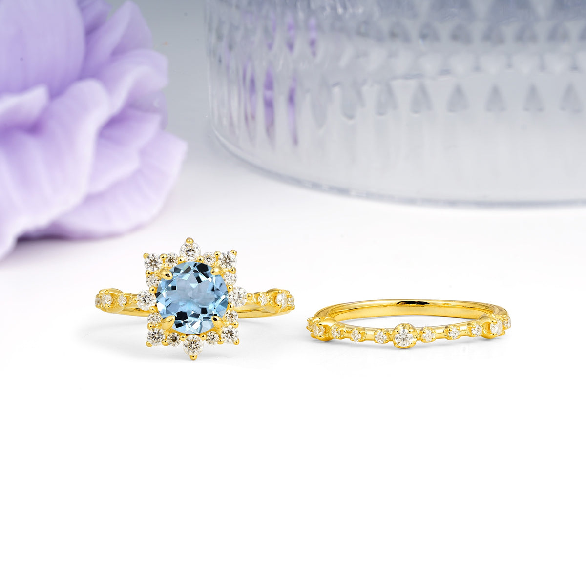 Rainbow Flash Floral Halo Twisted Arm Mini Accent Round Cut Aquamarine Bridal Ring Set - Additional view